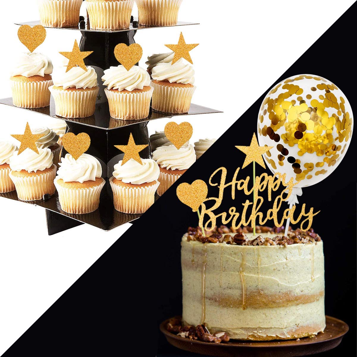 Humairc Cake Topper Gold Confetti Balloon Birthday Cake Decoration Shiny Cupcake Topper for Girls Women Boys Mans Kids Adults Birthday