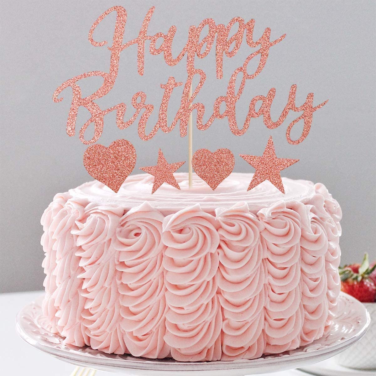 Humairc Rose Gold Cake Toppers, Happy Birthday Cake Toppers Sparkling Rose Gold Balloons Girls Ladies Kids Birthday Party Anniversary Wedding Cake Toppers 22 Pieces