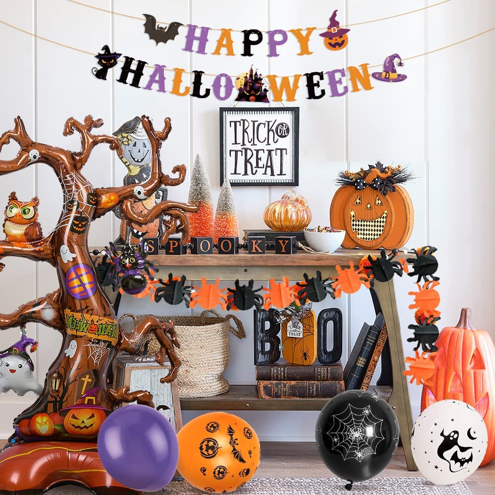 Humairc Halloween Decorations Party Decorations Halloween Balloons 2 Banner, Oversized 1 Tree with Ghost Spider Owl Pumpkin Elements for Halloween Party Decorations Halloween Decorations Outdoor