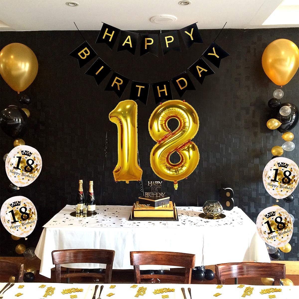 Humairc 18th Black Gold Birthday Party Decoration Happy Birthday Banner Number 18 40inch 2 Fringe Curtain Foil Tablecloth Confetti Balloon Cake Topper Table Confetti Kids Adult Man Woman