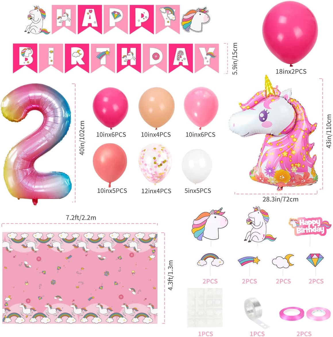 Humairc Decoration Anniversaire Licorne, Deco anniversaire Fille 2 ans Ballon Licorne Nappe Licorne Banderole Joyeux Anniversaire Decoration Gateau Grand Ballon Numéro 2, Cadeau Enfant 2 ans