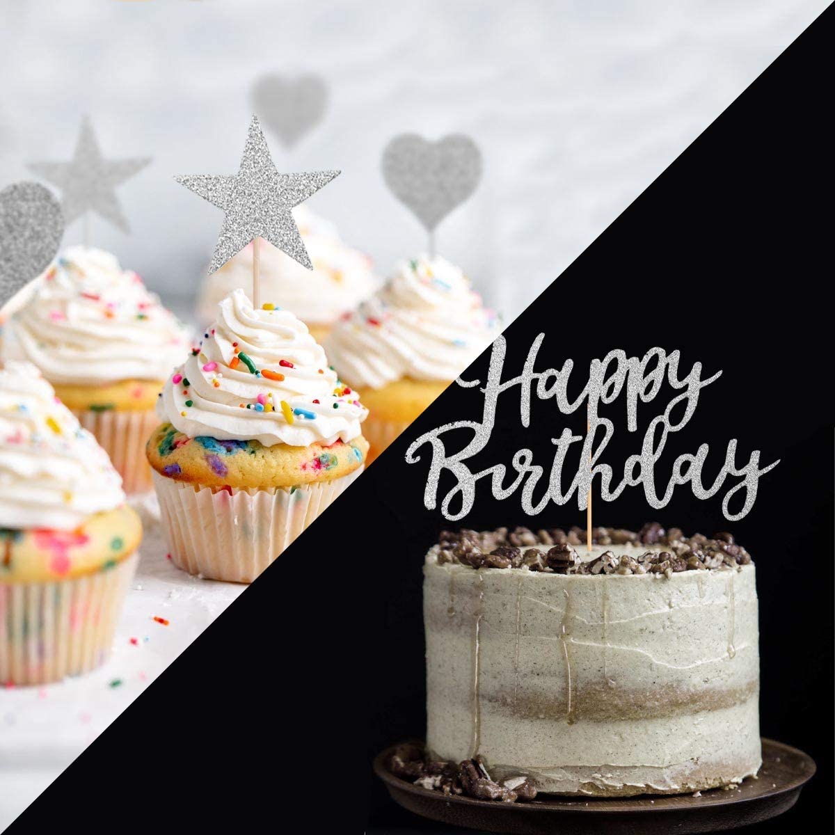 Humairc 2 Sets Silver Cake Topper Happy Birthday Cake Decoration for Girls Women Kids Shiny Silver Birthday Party Anniversary Wedding Cake Topper 22pcs (silver cake decoration)