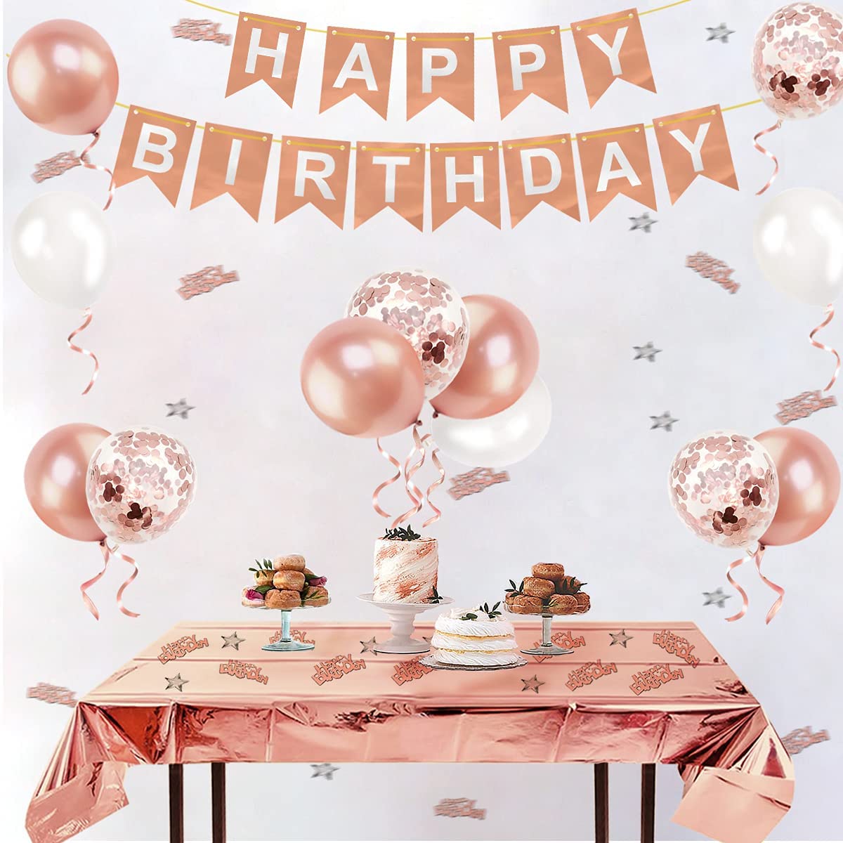 Humirc Rose Gold Birthday Decorations Included Happy Birthday Banner Rose Gold Tablecloth Birthday Balloons Confetti Balloons 10g Dining Table Confetti - Girls Ladies Birthday Party