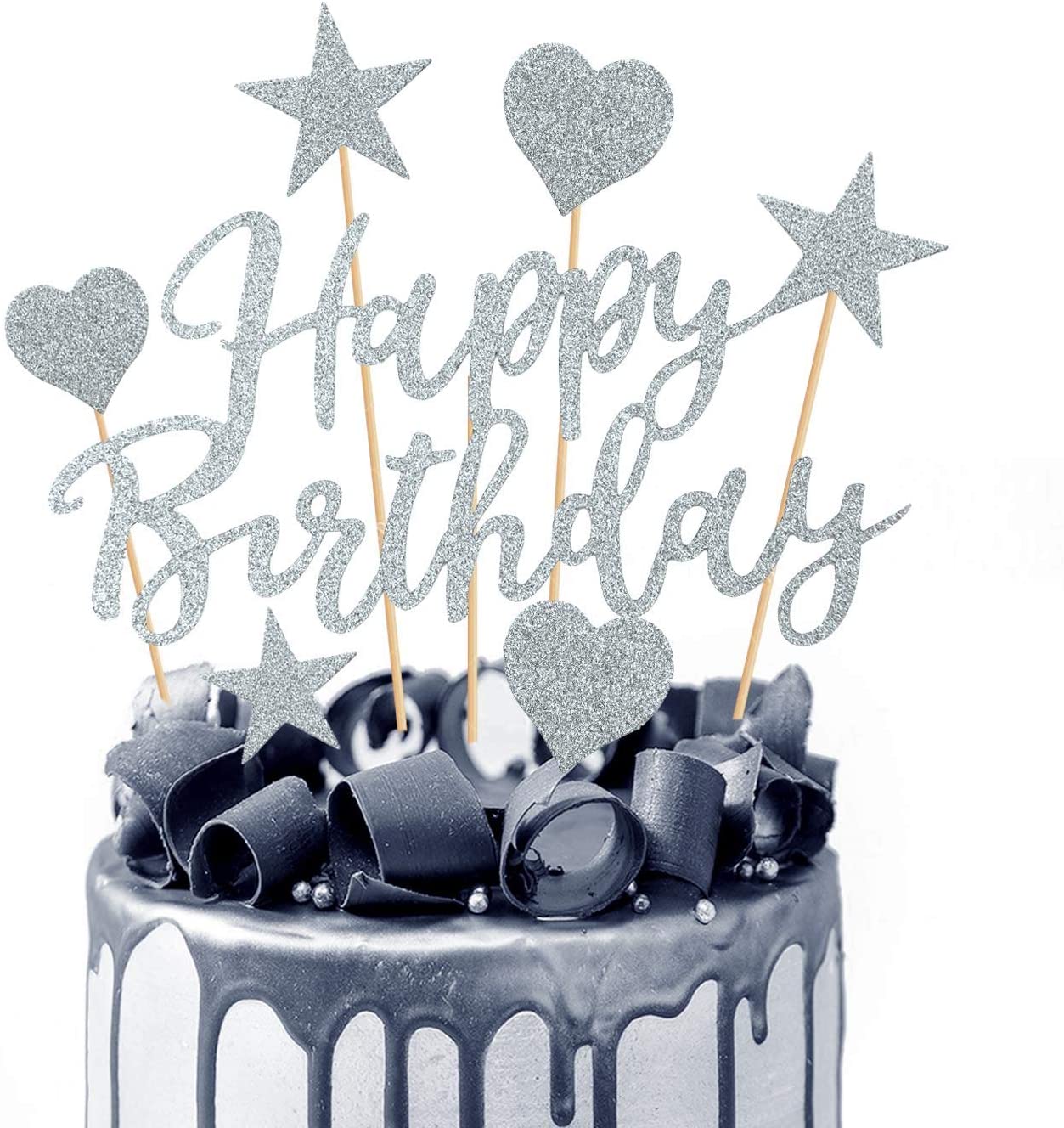 Humairc 2 Sets Silver Cake Topper Happy Birthday Cake Decoration for Girls Women Kids Shiny Silver Birthday Party Anniversary Wedding Cake Topper 22pcs (silver cake decoration)