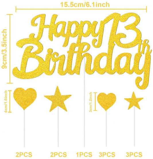 Humairc 13th Cake Toppers Boy, 13th Cake Decorations Girl, Gold Happy Birthday Cupcake Topper Star Heart Topper for Birthday Party Decor - 13 Years Old Birthday Cake Ideas - Men Women