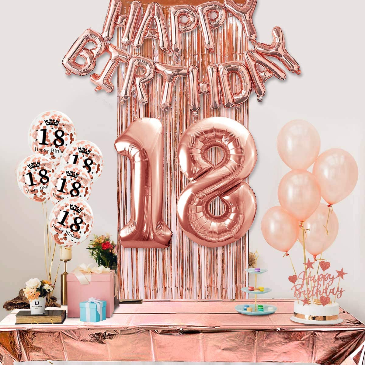 Humairc 18th Rose Gold Birthday Party Decoration for Girls Happy Birthday Banner Number 18 40inch 2 Fringe Curtain Foil Tablecloth Confetti Balloon Cake Topper Table Confetti Anniversary