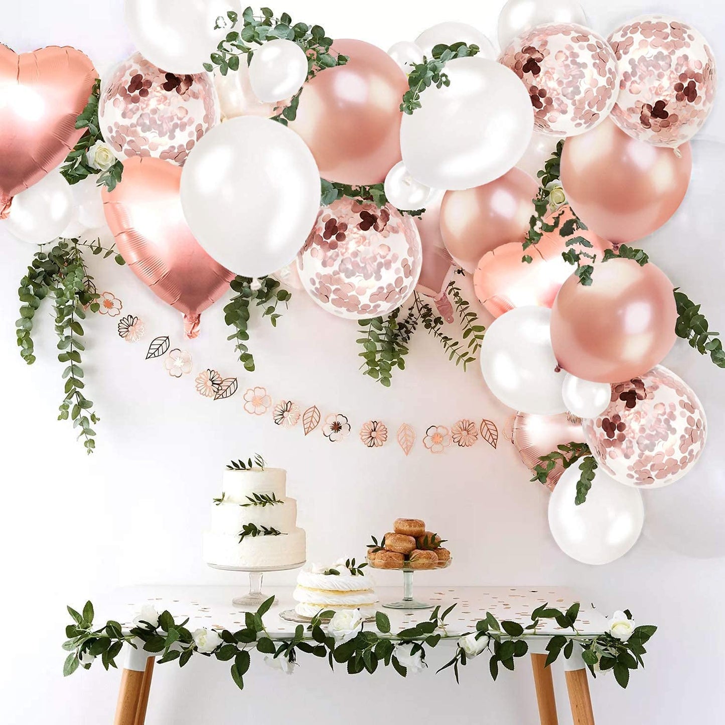 Humairc Rose Gold Balloon Wreath Arch DIY Kit, Mainly Rose Gold Balloons, Mixed Pearl White Balloons and Confetti Balloons with DIY Tools for Birthday Wedding Baby Shower Decor