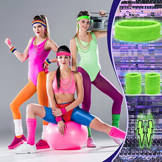 Humairc 80s Fancy Dress for Women, Costume Carnival Costume Halloween Woman 80s Accessories Costume Outfits - Headbands Wristbands 80s XXL T- Shirt Necklace Earrings
