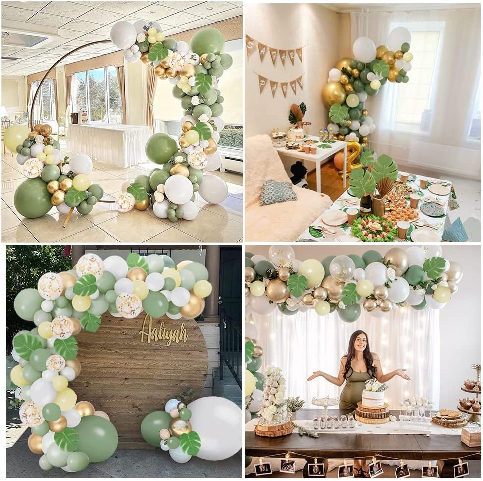 Arche Ballon Vert Sauge Anniversaire Decoration, 132 Pcs Vert Olive Ballon Guirlande, Arche Ballon Jungle avec Ballons Latex Confettis Ballon Vert pour Baby Shower, Decoration Anniversaire, Mariage