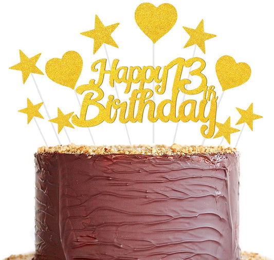 Humairc 13th Cake Toppers Boy, 13th Cake Decorations Girl, Gold Happy Birthday Cupcake Topper Star Heart Topper for Birthday Party Decor - 13 Years Old Birthday Cake Ideas - Men Women