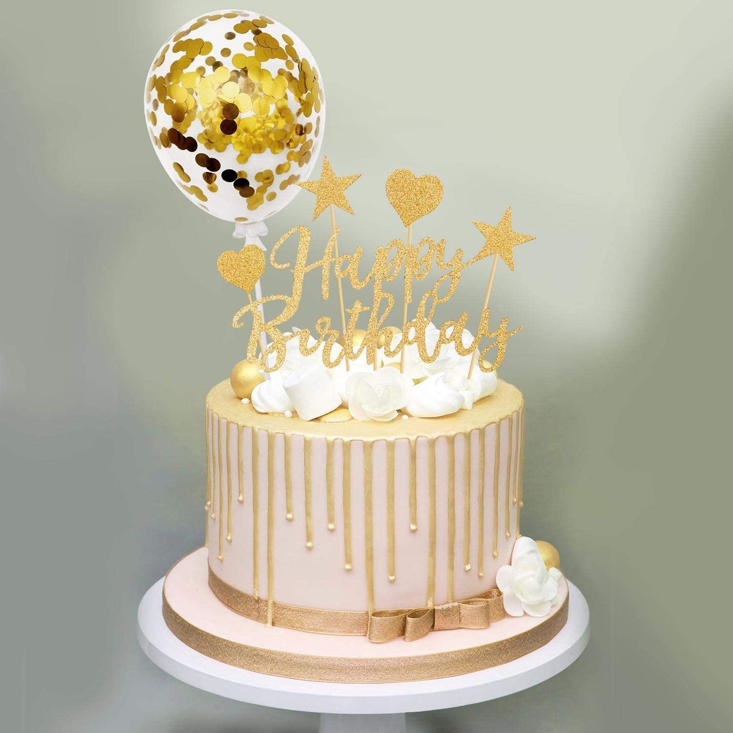 Humairc Cake Topper Gold Confetti Balloon Birthday Cake Decoration Shiny Cupcake Topper for Girls Women Boys Mans Kids Adults Birthday
