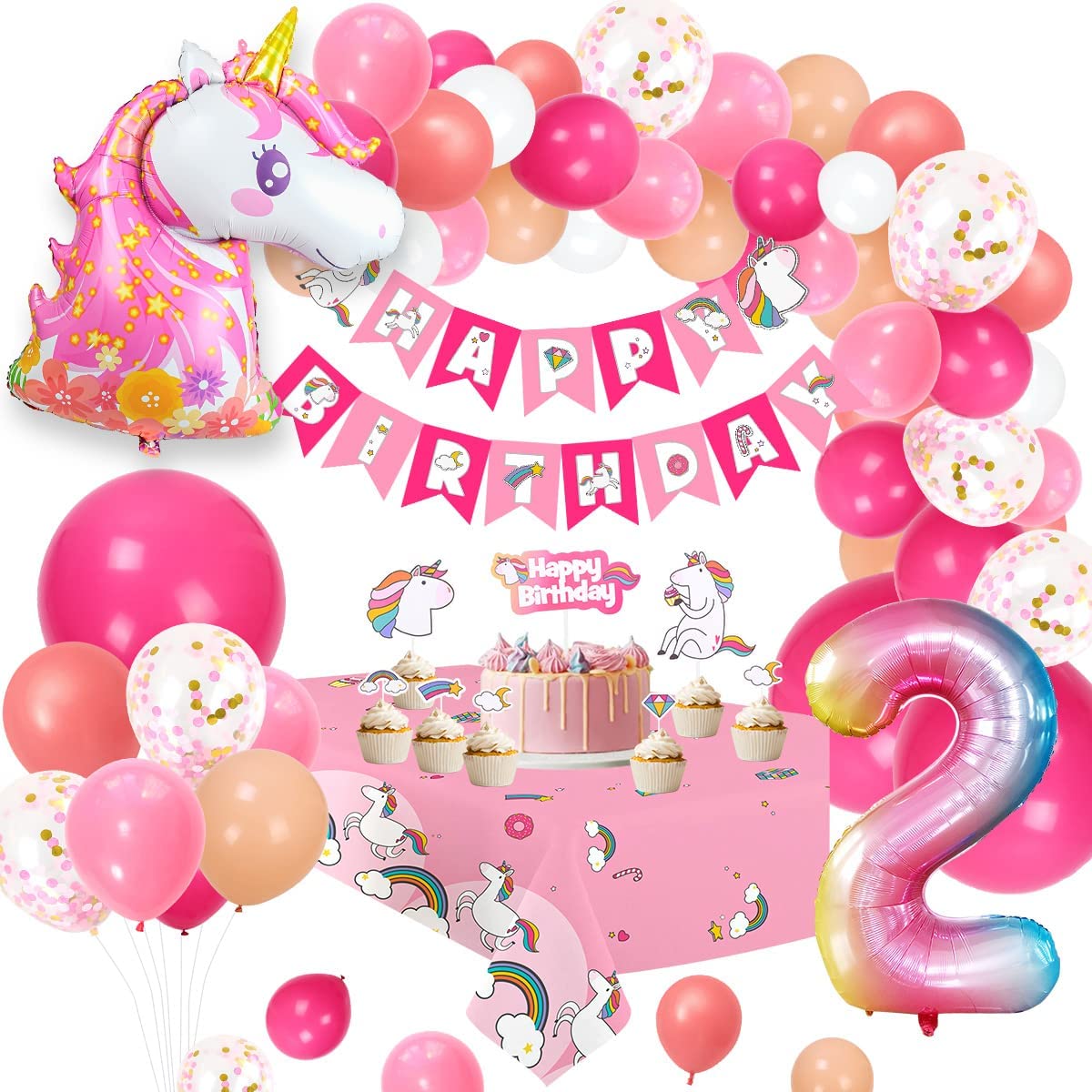Humairc Decoration Anniversaire Licorne, Deco anniversaire Fille 2 ans Ballon Licorne Nappe Licorne Banderole Joyeux Anniversaire Decoration Gateau Grand Ballon Numéro 2, Cadeau Enfant 2 ans