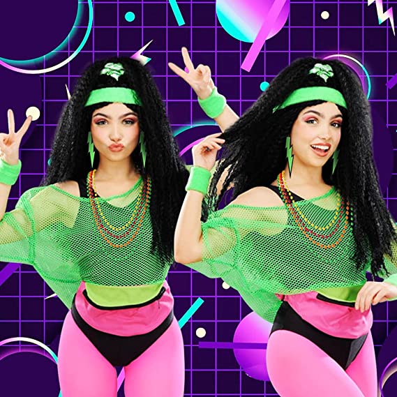 Humairc 80s Fancy Dress for Women, Costume Carnival Costume Halloween Woman 80s Accessories Costume Outfits - Headbands Wristbands 80s XXL T- Shirt Necklace Earrings