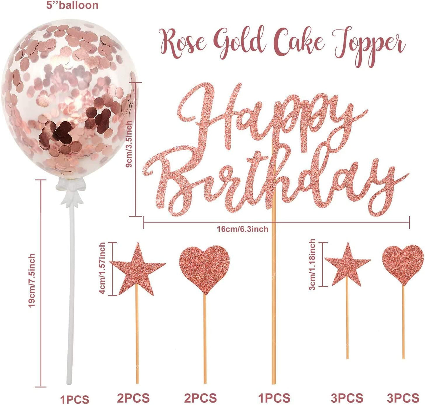 Humairc Rose Gold Cake Toppers, Happy Birthday Cake Toppers Sparkling Rose Gold Balloons Girls Ladies Kids Birthday Party Anniversary Wedding Cake Toppers 22 Pieces