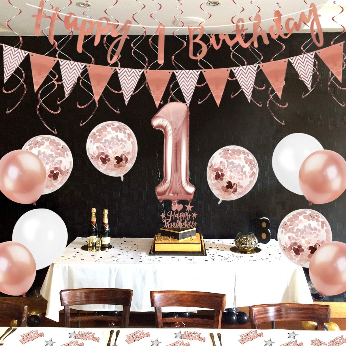 Humairc 1st Birthday Balloons Decorations for Girls, 1st Happy Birthday Banner Triangle Flag Hanging Swirl Cake Toppers Confetti - Baby Gilr First Birthday Baby Shower- Rose Gold