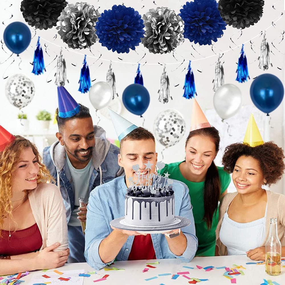 Humairc Mens Birthday Decorations Set with Happy Birthday Banner, Blue and Silver Balloons, Confetti Balloons, Paper Balls, Cake Toppers, Hanging Silver Swirls, Streamer Tassels