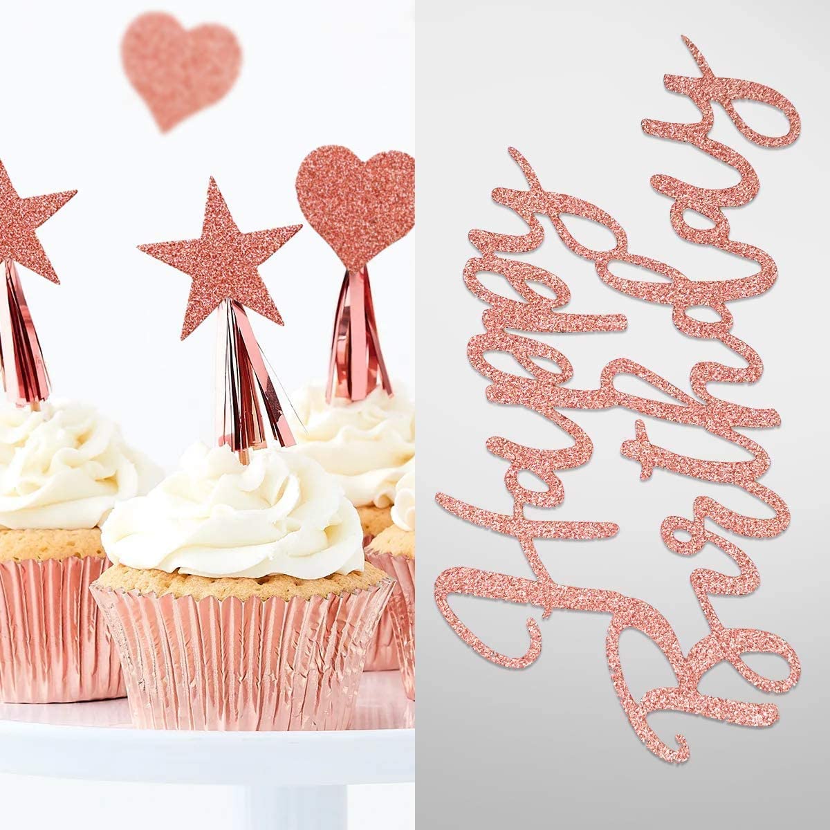Humairc Rose Gold Cake Toppers, Happy Birthday Cake Toppers Sparkling Rose Gold Balloons Girls Ladies Kids Birthday Party Anniversary Wedding Cake Toppers 22 Pieces