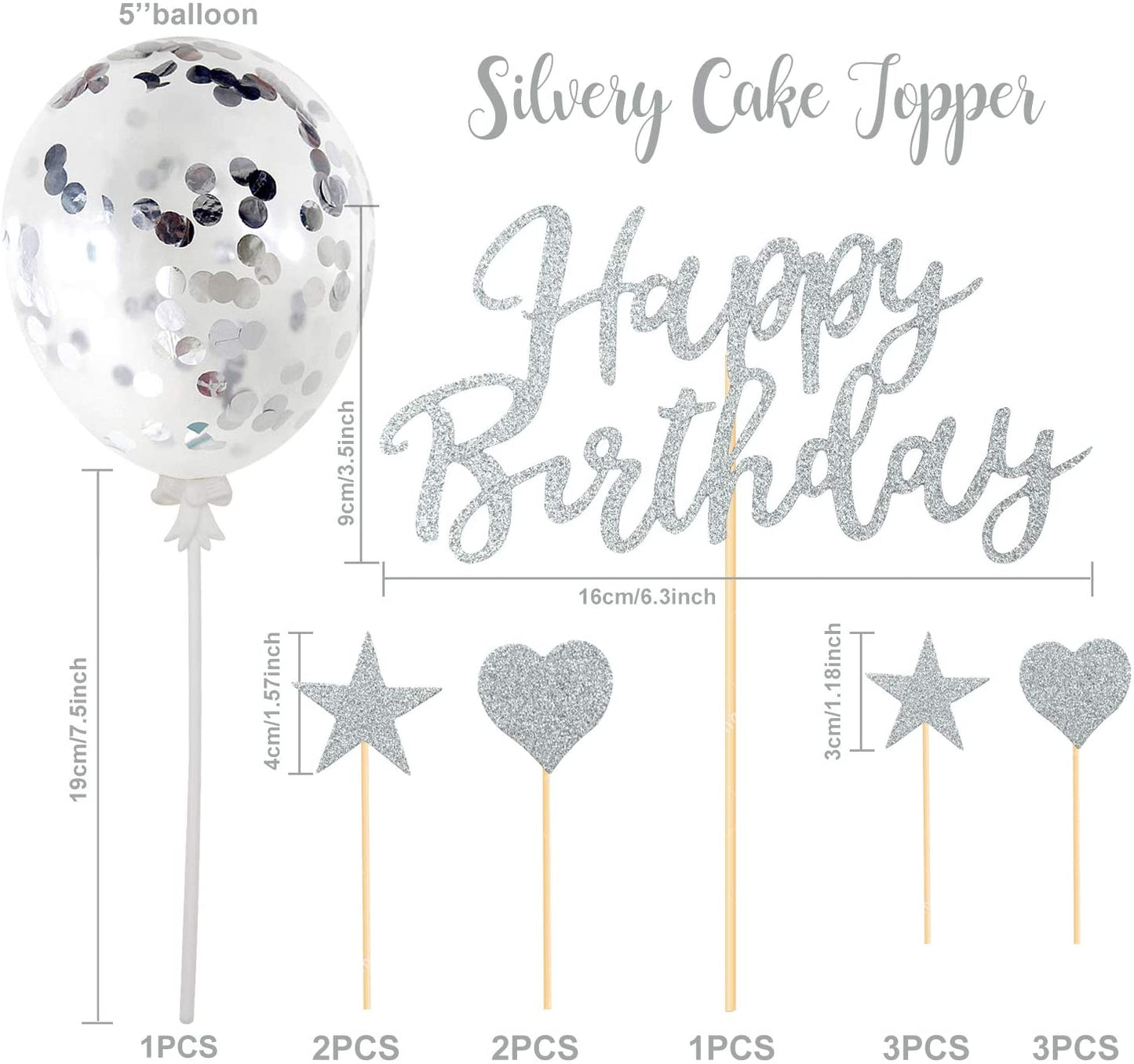 Humairc Silver Cake Topper Silver Confetti Balloon Birthday Cake Decoration Shiny Cupcake Topper for Girls Women Boys Mans Kids Adults Birthday