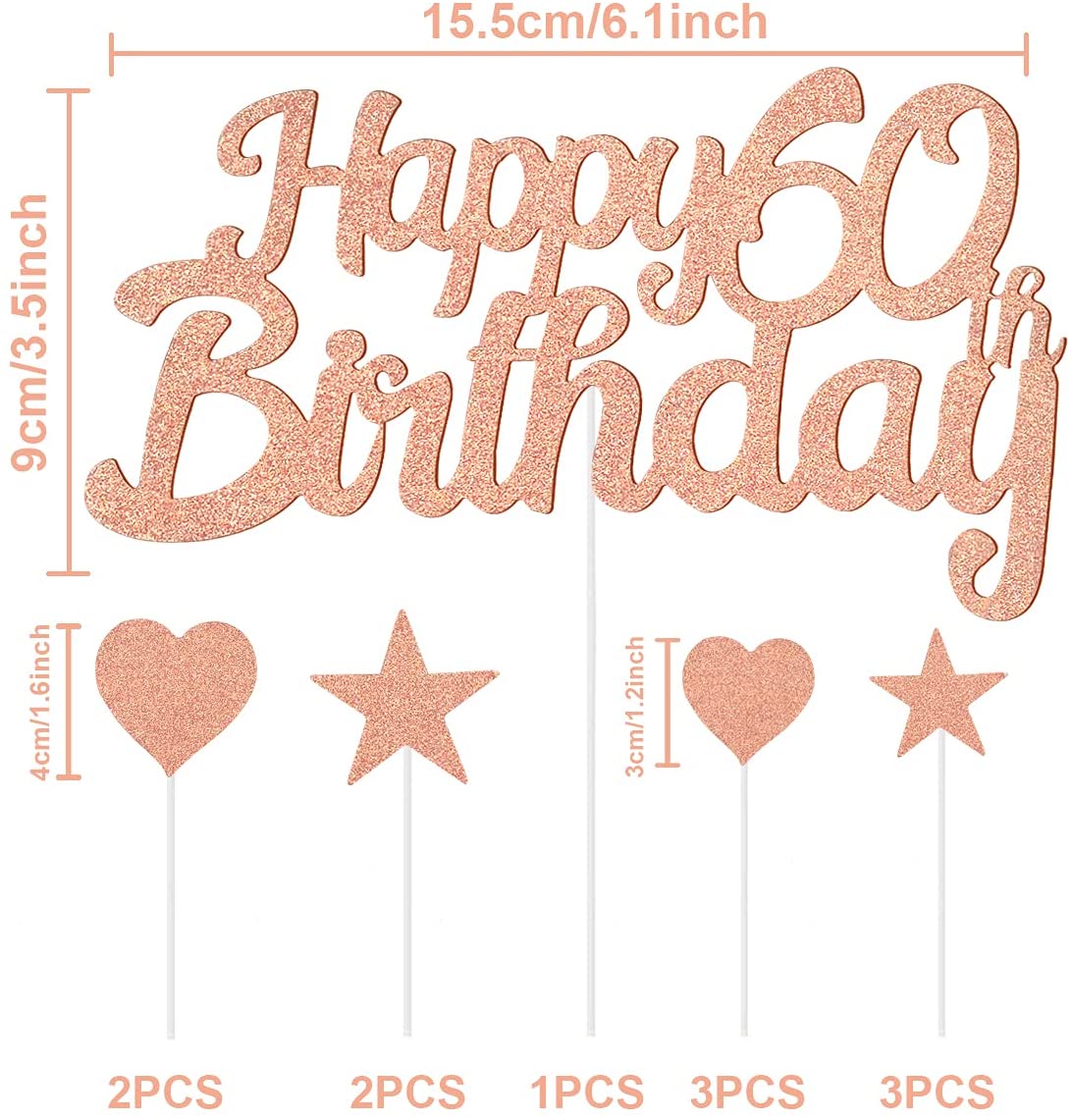 Humairc 60th Rose Gold Cake Decorations Happy Birthday Cake Topper for Girls Women Kids, Cupcake Topper for Shiny Rose Gold Birthday Party Cake Decorating