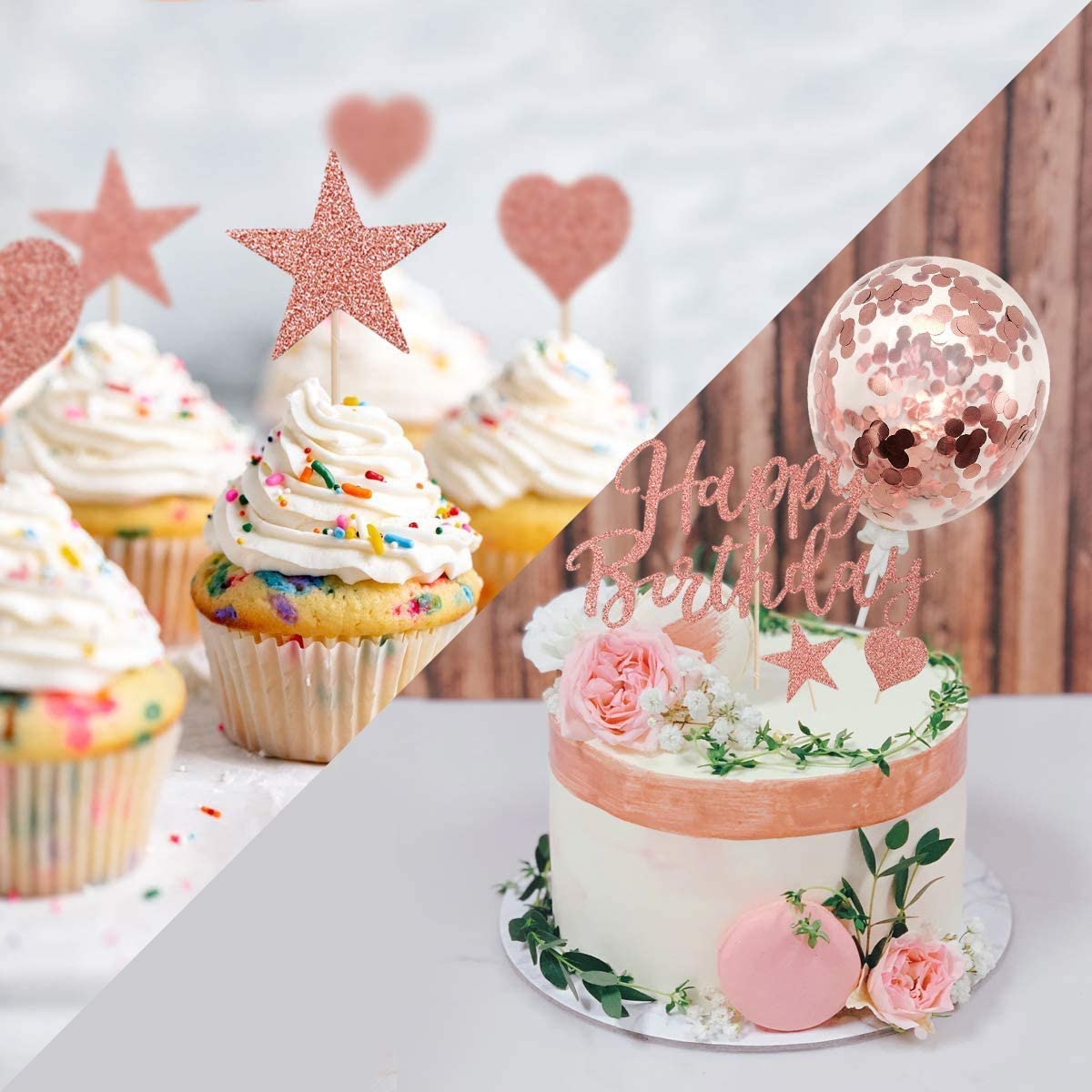 Humairc Rose Gold Cake Toppers, Happy Birthday Cake Toppers Sparkling Rose Gold Balloons Girls Ladies Kids Birthday Party Anniversary Wedding Cake Toppers 22 Pieces