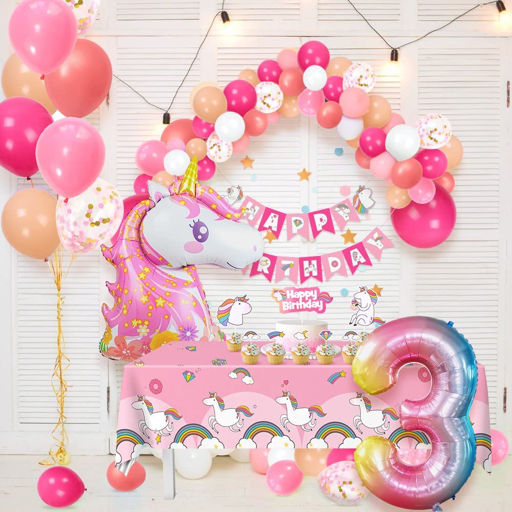 Humairc Decoration Anniversaire Licorne, Deco anniversaire Fille 3 ans Ballon Licorne Nappe Licorne Banderole Joyeux Anniversaire Decoration Gateau Grand Ballon Numéro 3, Cadeau Enfant 3 ans