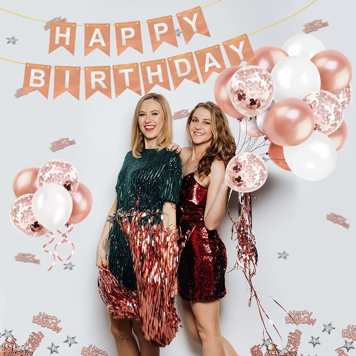 Humirc Rose Gold Birthday Decorations Included Happy Birthday Banner Rose Gold Tablecloth Birthday Balloons Confetti Balloons 10g Dining Table Confetti - Girls Ladies Birthday Party