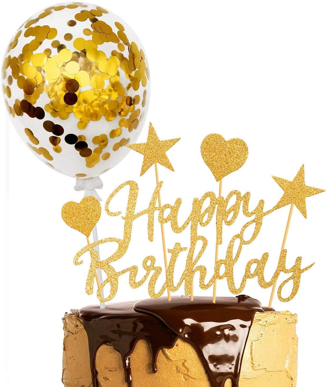 Humairc Gold Cake Topper Gold Confetti Balloon Birthday Cake Decoration Shiny Cupcake Topper for Girls Women Boys Mans Kids Adults Birthday(Gold)