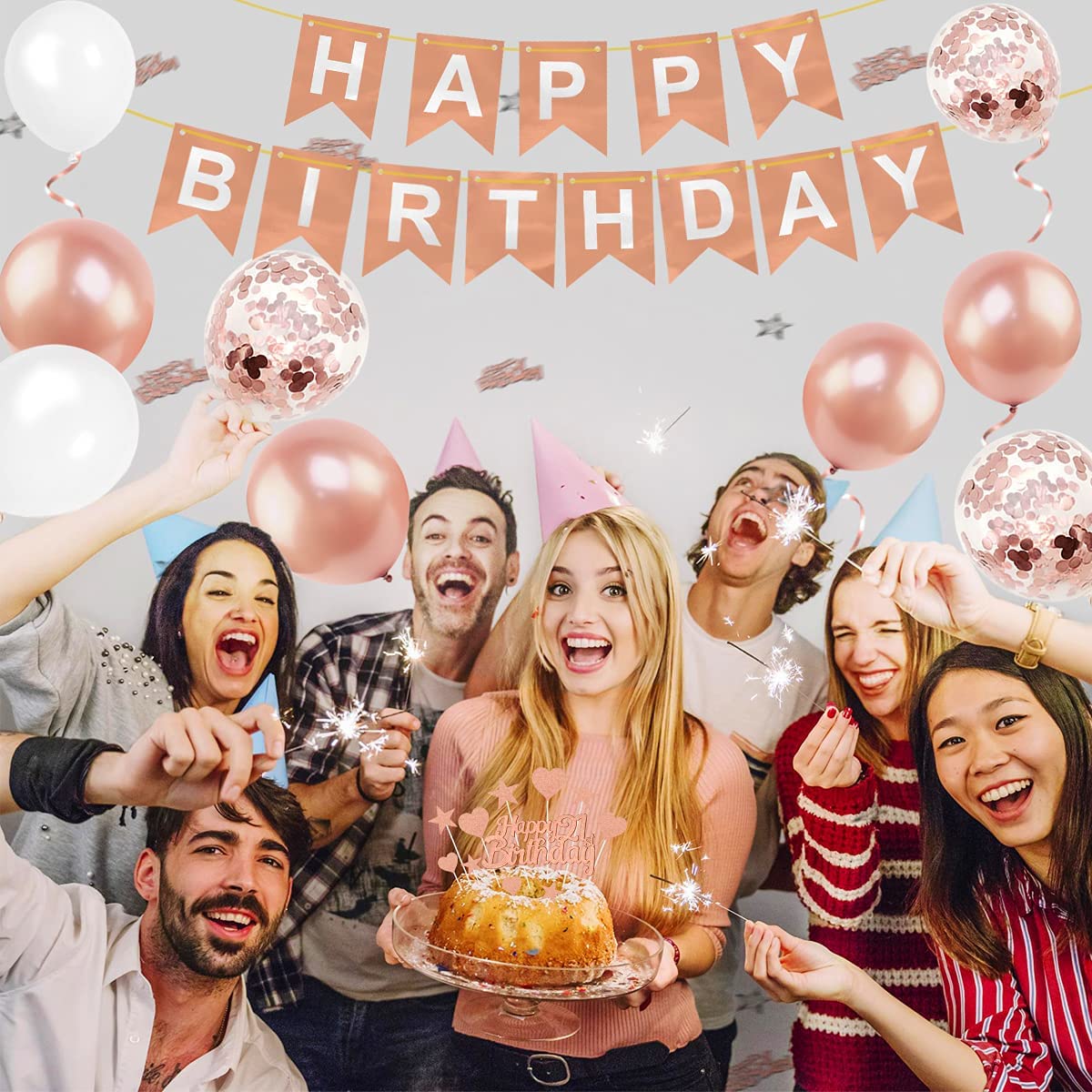 Humirc Rose Gold Birthday Decorations Included Happy Birthday Banner Rose Gold Tablecloth Birthday Balloons Confetti Balloons 10g Dining Table Confetti - Girls Ladies Birthday Party