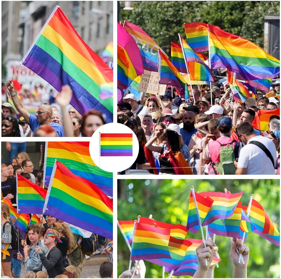Humairc Pride Flag, LGBT Gay Pride Flag, 90 * 150 cm Big Pride Flag 8 Pcs 14 * 21 cm Proud Hand Waving Flag - Gay Pride Parade Pride Day Decoration
