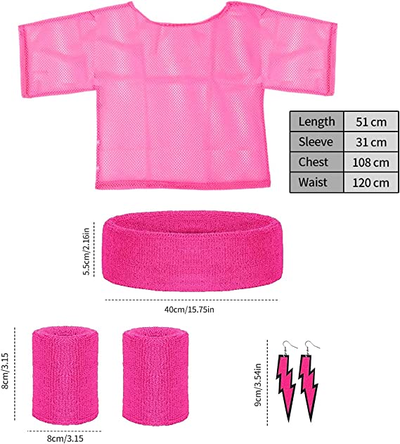 Humairc 80s Fancy Dress for Women, Costume Carnival Costume Halloween Woman 80s Accessories Costume Outfits - Headbands Wristbands 80s XXL T- Shirt Necklace Earrings