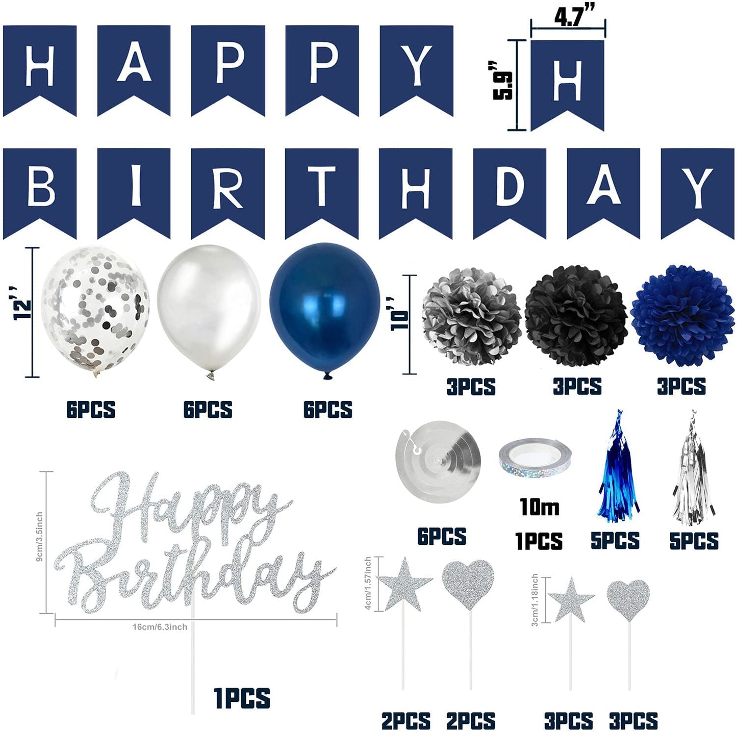 Humairc Mens Birthday Decorations Set with Happy Birthday Banner, Blue and Silver Balloons, Confetti Balloons, Paper Balls, Cake Toppers, Hanging Silver Swirls, Streamer Tassels