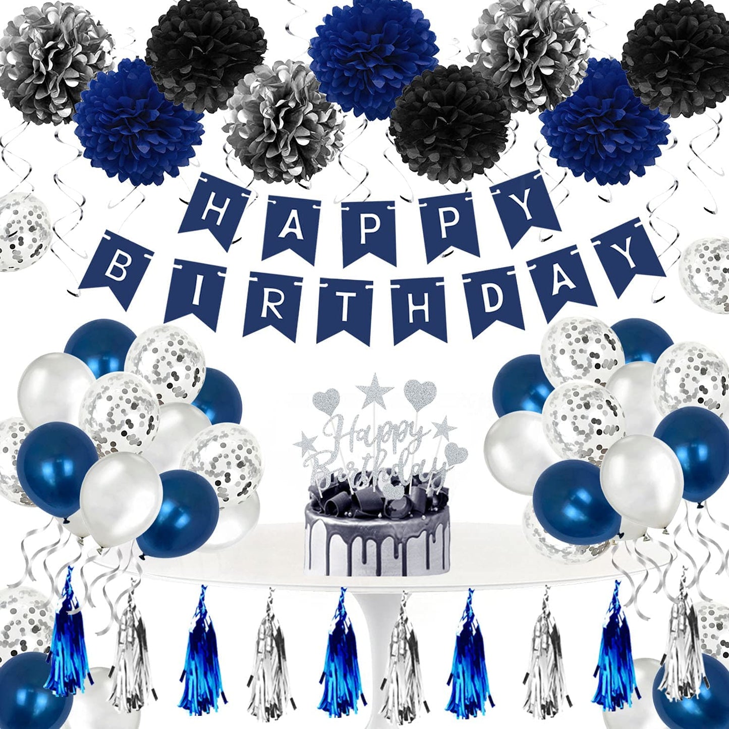 Humairc Mens Birthday Decorations Set with Happy Birthday Banner, Blue and Silver Balloons, Confetti Balloons, Paper Balls, Cake Toppers, Hanging Silver Swirls, Streamer Tassels
