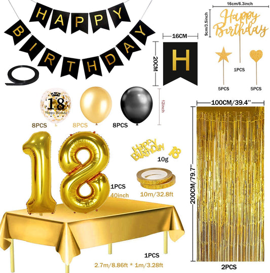 Humairc 18th Black Gold Birthday Party Decoration Happy Birthday Banner Number 18 40inch 2 Fringe Curtain Foil Tablecloth Confetti Balloon Cake Topper Table Confetti Kids Adult Man Woman