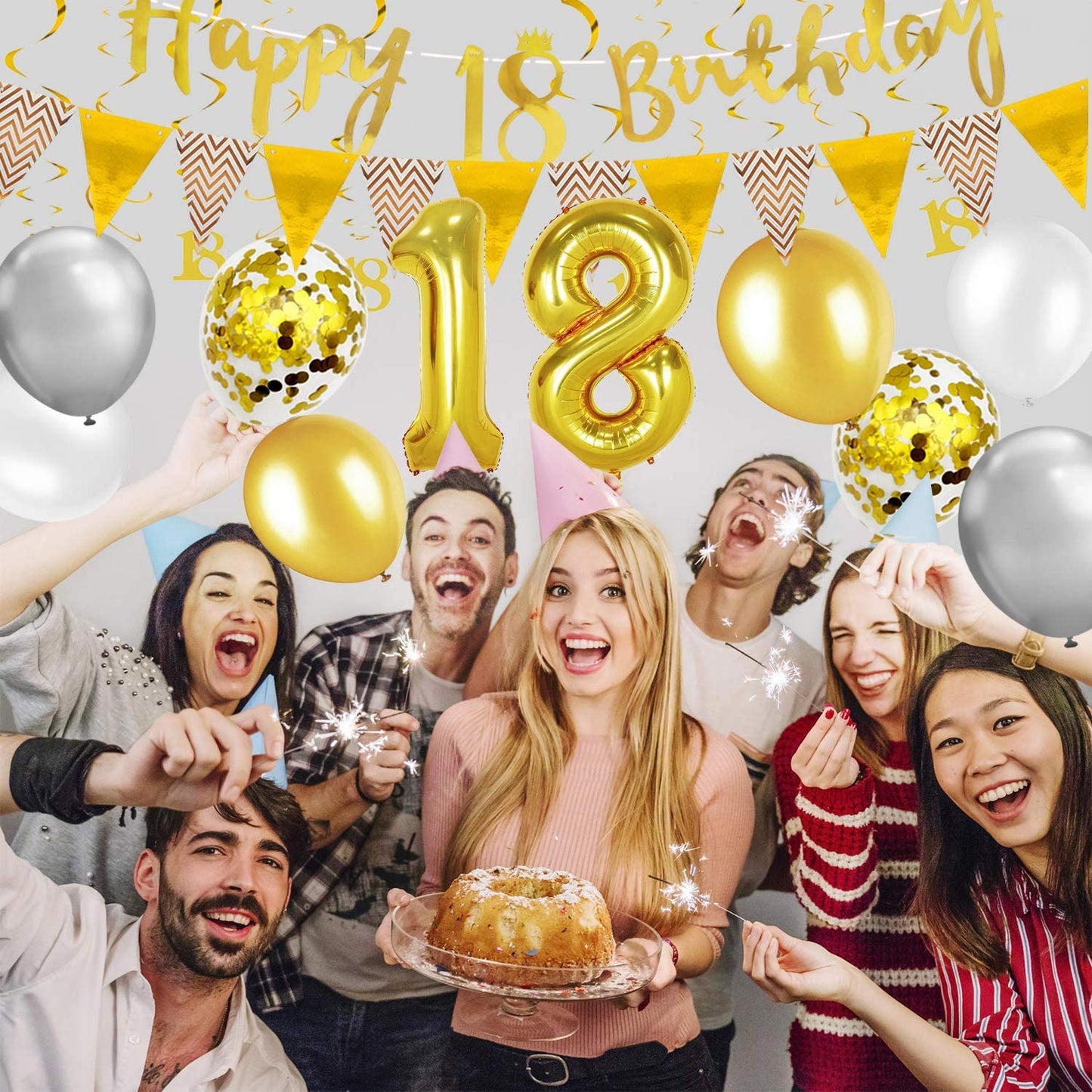 Humairc 18th Gold White Birthday Decorations, 18th Happy Birthday Banner Triangle Flag Banners 6pcs Nunber Hanging Swirl, Number 18 Balloons 8pcs Latex Balloons Table Confetti - Man Woman Boys Girls