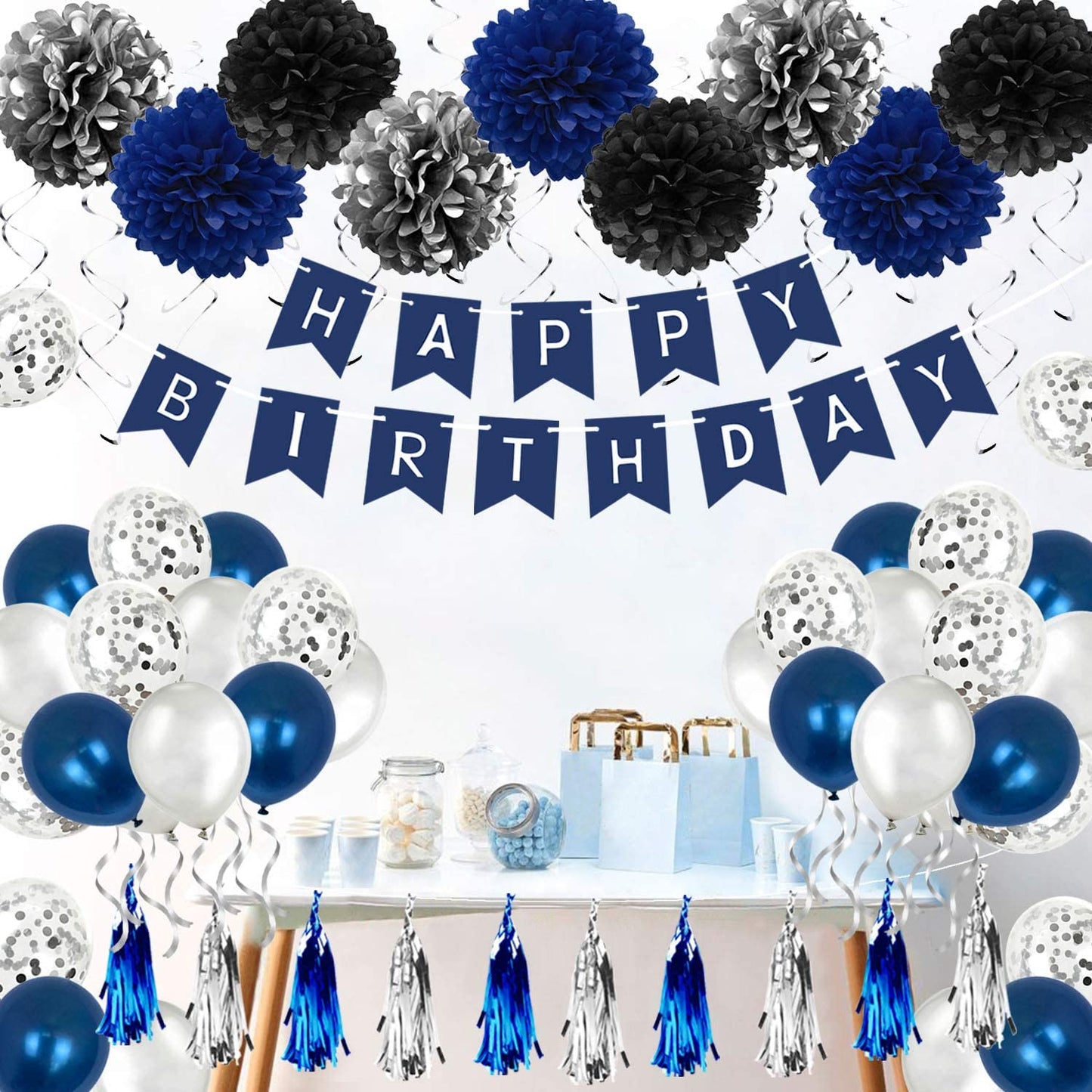 Humairc Mens Birthday Decorations Set with Happy Birthday Banner, Blue and Silver Balloons, Confetti Balloons, Paper Balls, Cake Toppers, Hanging Silver Swirls, Streamer Tassels