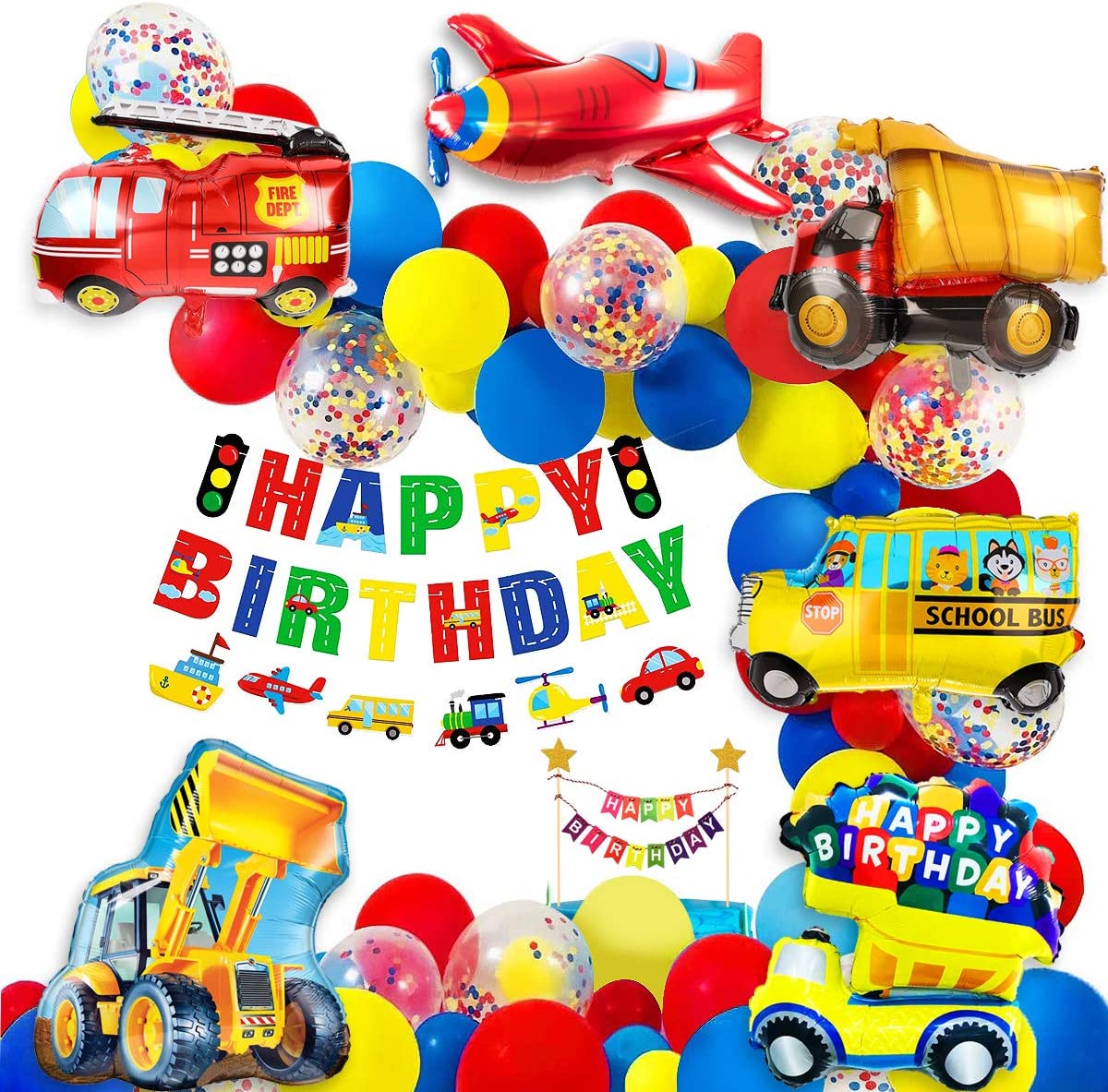 Humairc Car Transport Birthday Balloons Decoration Kit, Happy Birthday Auto Banner Engineering Car School Bus Fire Truck Airplane Cake Decoration - Kids Transport Themed Party