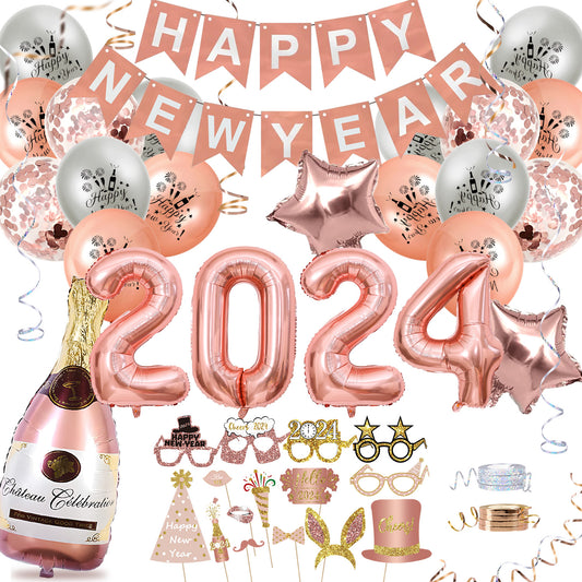 Humairc New Years Eve Decorations 2024 Rose Gold HAPPY NEW YEAR Banner 2024 Balloons 2024 Glasses New Year Photo Booth Props New Year Balloons - Rose Gold Happy New Year Decorations for Adults Kids