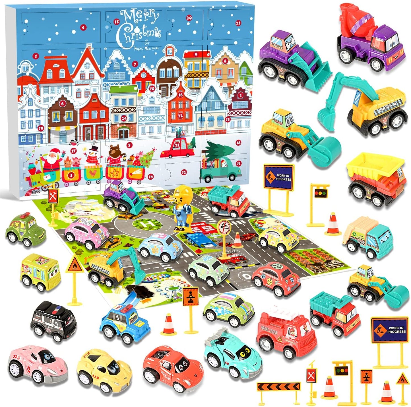 Humairc Calendrier de l'Avent Voiture 2023 Garçon, 24 Véhicule Construction Excavatrice Bus Scolaire Jeep avec Carte Routière - Calendrier de l'Avent Enfant Cadeaux de Noël Fils Petits Fils Neveux