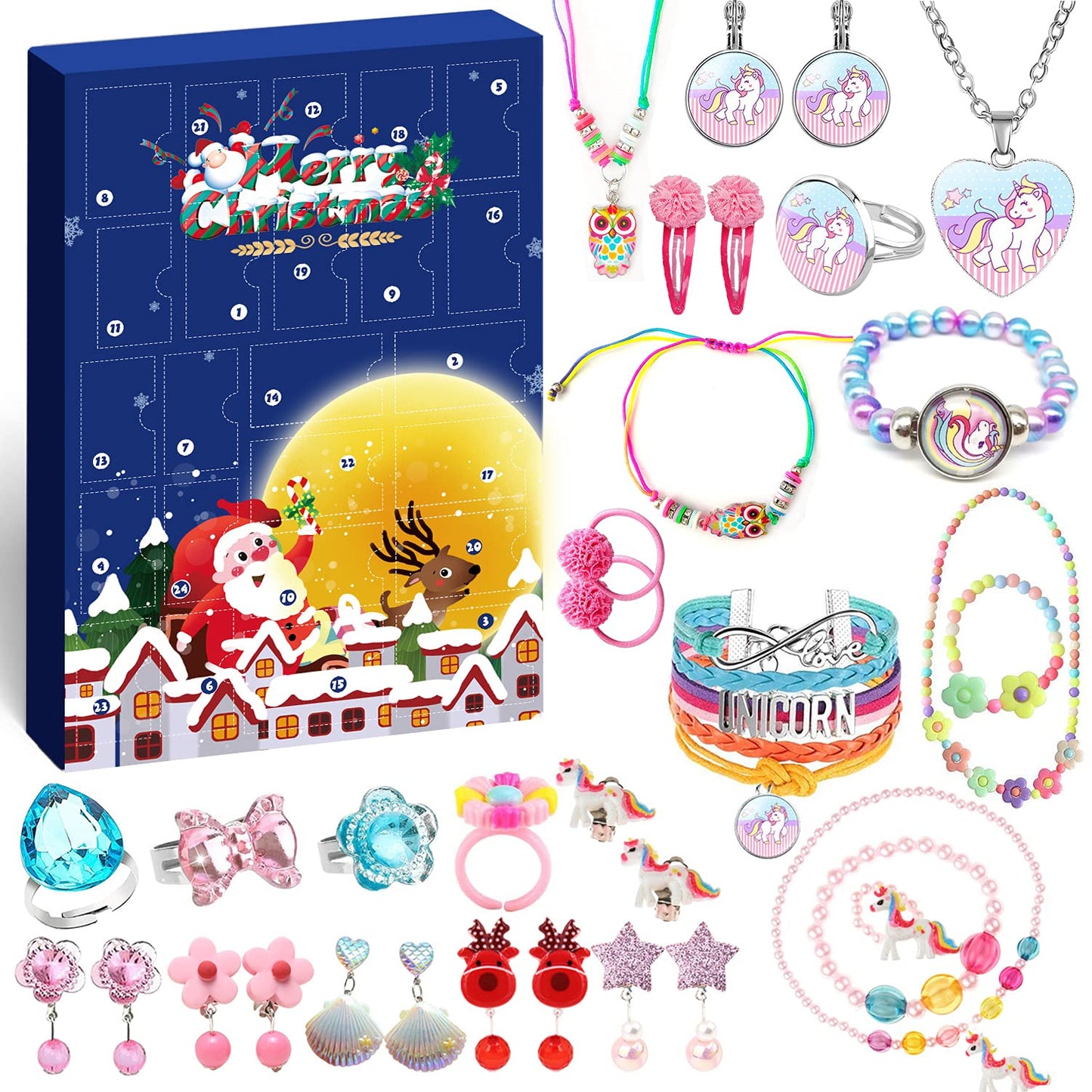 Humairc Bijoux Calendrier de l'Avent Fille 2023, Calendrier de l'Avent Licorne 2023 Calendrier Avent Fille, Licorne Bracelet Collier Boucles D'oreilles Elastique Cheveux pour Nièce Sœurs Petite-Fille