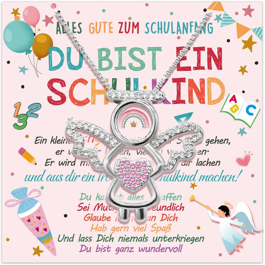 Humairc Einschulung Mädchen Geschenk Schutzengel Doppelflügel Halskette Schulkind 2023 Schultüte Schulanfang Glücksbringer Grußkarte Geschenkbox