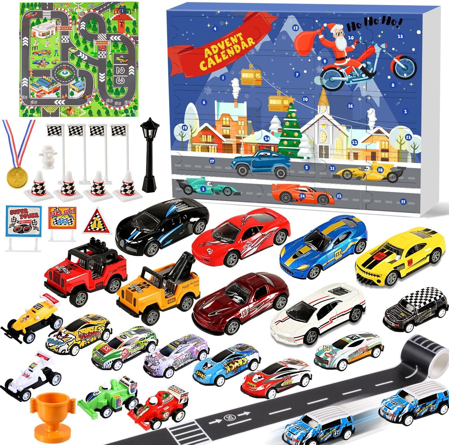 Humairc Calendrier de l'Avent Voiture 2023 Garçon Enfant, 24 Voiture de Course Jouet avec Carte Routière - Calendrier de l'Avent Enfant Cadeaux Surprises de Noël Garçon Fils Petits Fils Neveux