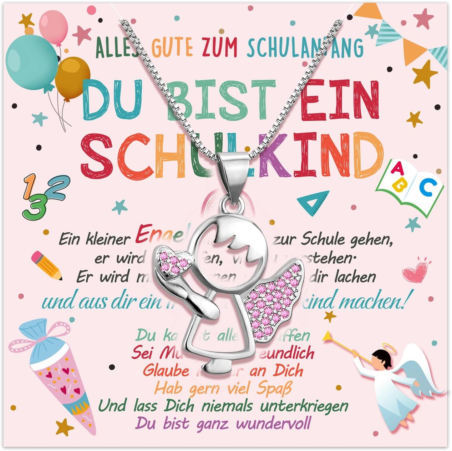 Humairc Einschulung Mädchen Geschenk Schutzengel Halskette Schulkind 2023 Engelsflügel Geschenk Einschulung 2023