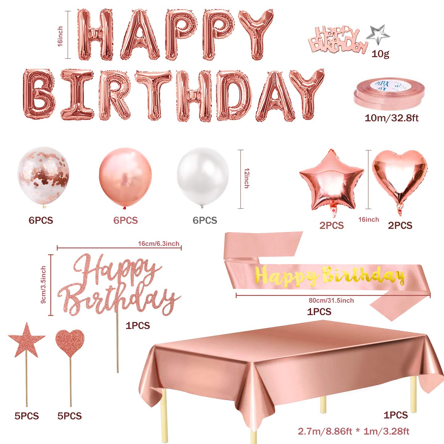 Humairc Rosegold Geburtstagsdeko Rose Gold Ballon Happy Birthday Girlande Torten Topper Tischdecke Schärpe Geburtstag Konfetti Party Deko