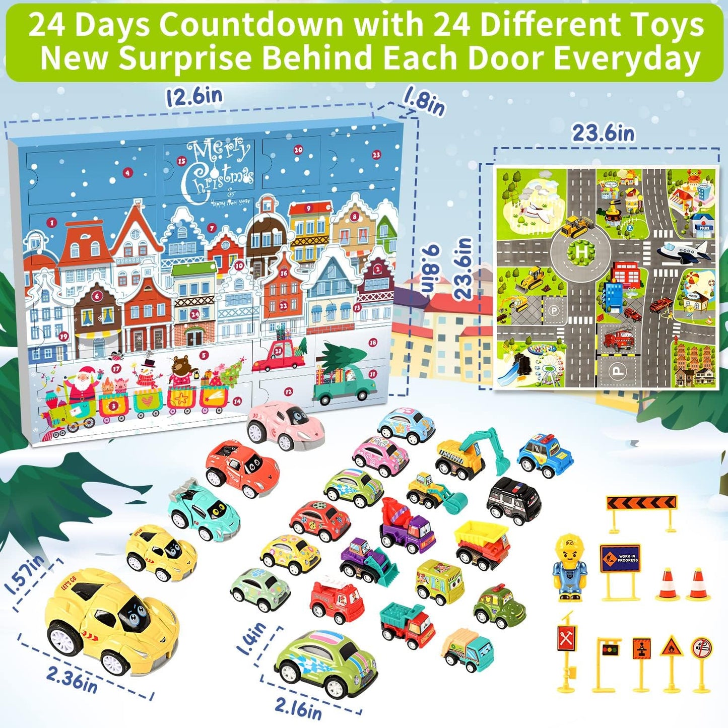 Humairc Calendrier de l'Avent Voiture 2023 Garçon, 24 Véhicule Construction Excavatrice Bus Scolaire Jeep avec Carte Routière - Calendrier de l'Avent Enfant Cadeaux de Noël Fils Petits Fils Neveux