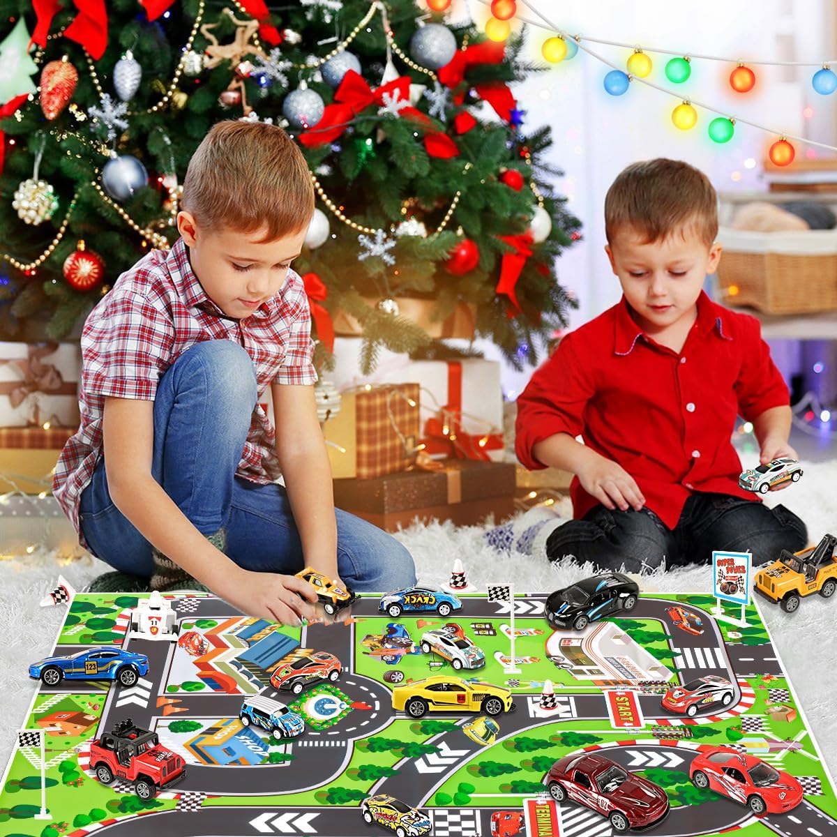 Humairc Calendrier de l'Avent Voiture 2023 Garçon Enfant, 24 Voiture de Course Jouet avec Carte Routière - Calendrier de l'Avent Enfant Cadeaux Surprises de Noël Garçon Fils Petits Fils Neveux