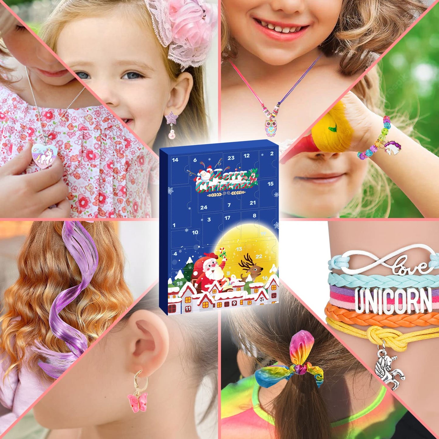 Humairc Bijoux Calendrier de l'Avent Fille 2023, Calendrier de l'Avent Licorne 2023 Calendrier Avent Fille, Licorne Bracelet Collier Boucles D'oreilles Elastique Cheveux pour Nièce Sœurs Petite-Fille