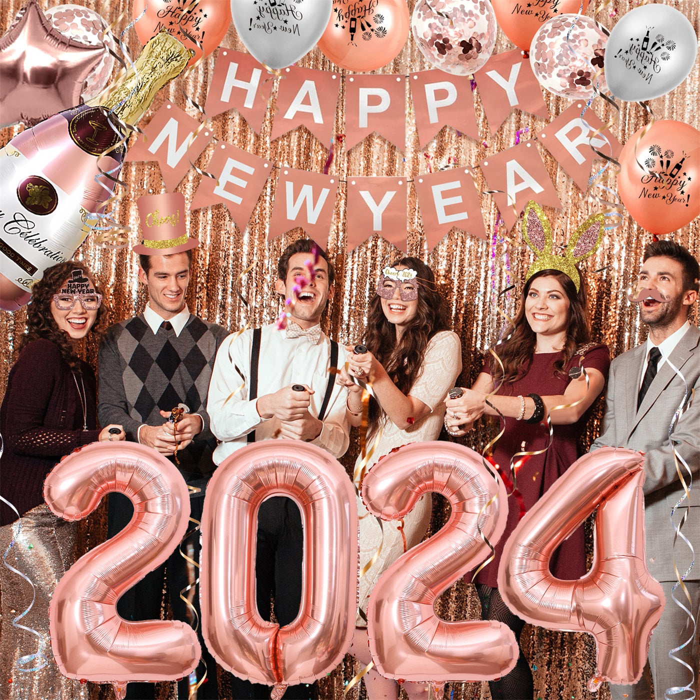 Humairc New Years Eve Decorations 2024 Rose Gold HAPPY NEW YEAR Banner 2024 Balloons 2024 Glasses New Year Photo Booth Props New Year Balloons - Rose Gold Happy New Year Decorations for Adults Kids