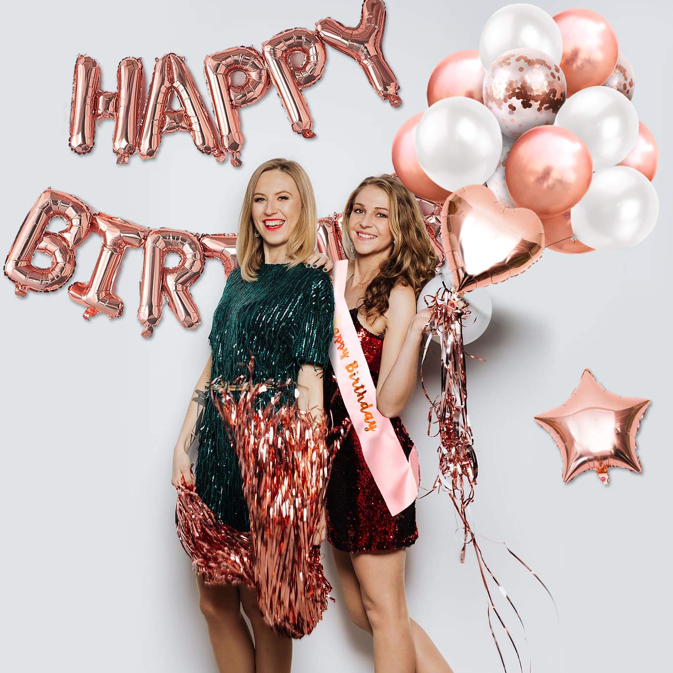 Humairc Rosegold Geburtstagsdeko Rose Gold Ballon Happy Birthday Girlande Torten Topper Tischdecke Schärpe Geburtstag Konfetti Party Deko