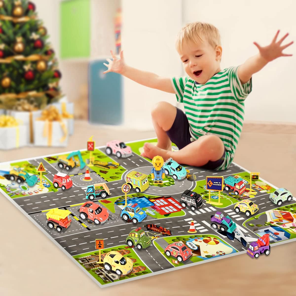 Humairc Calendrier de l'Avent Voiture 2023 Garçon, 24 Véhicule Construction Excavatrice Bus Scolaire Jeep avec Carte Routière - Calendrier de l'Avent Enfant Cadeaux de Noël Fils Petits Fils Neveux