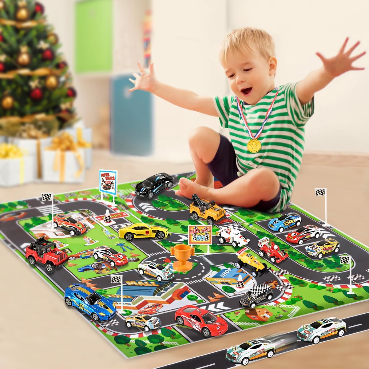 Humairc Calendrier de l'Avent Voiture 2023 Garçon Enfant, 24 Voiture de Course Jouet avec Carte Routière - Calendrier de l'Avent Enfant Cadeaux Surprises de Noël Garçon Fils Petits Fils Neveux